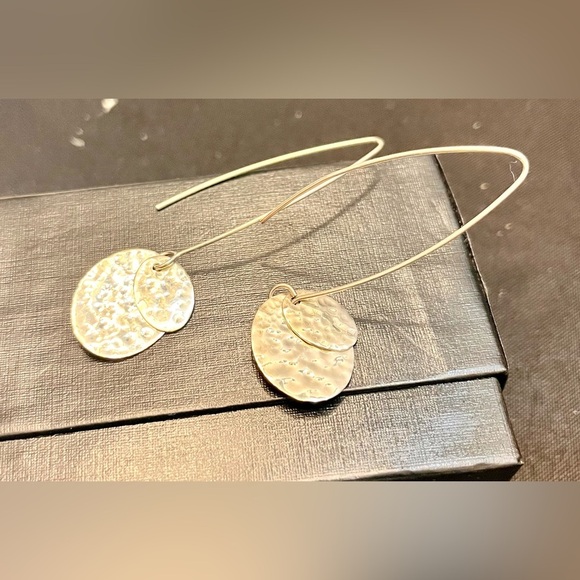 Boho Chic Hammered Sterling Silver Dangle Earrings Ovals Hippie Artsy Metallic - Picture 5 of 17
